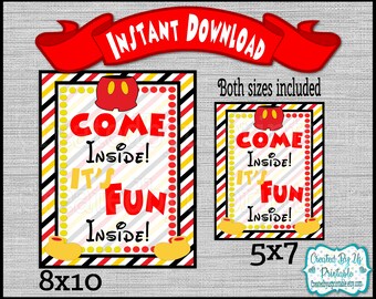 Printable Mickey Mouse 8x10 and 5x7 Come inside Party Signs Mickey Signs Mickey birthday party sign Digital Download Diy INSTANT DOWNLOAD