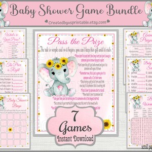 Elefant Baby Shower Spiele Printable Game Bundle Paket Baby Elefant Duschspiele Rosa Sonnenblume Elefant Mädchen Baby Shower Spiele