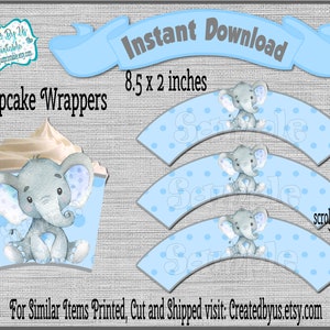 INSTANT DOWNLOAD Baby boy elephant cupcake wrappers baby shower decorations Boy baby elephant cupcake wraps Printable Digital Download Diy