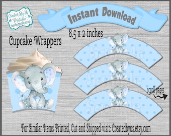 INSTANT DOWNLOAD Baby boy elephant cupcake wrappers baby shower decorations Boy baby elephant cupcake wraps Printable Digital Download Diy