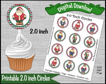 Christmas Cupcake Toppers Santa gift tags Snowmen 2 inch cupcake picks Christmas Santa Claus stickers Digital Diy printable INSTANT DOWNLOAD