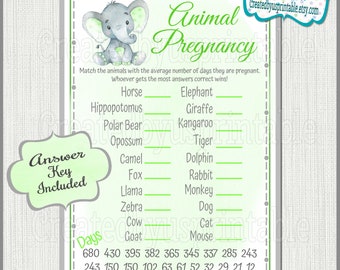 Elephant baby shower game Boy elephant Animal pregnancy game Animal gestation game cards Green Elephant baby boyshower game Printable game