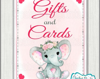 Baby Shower Gifts and cards sign Pink Floral elephant Baby Girl shower cards gifts sign Pink elephant sign little peanut PRINTABLE BGFPE1
