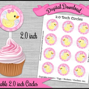 Rubber Ducky cupcake toppers / tags Baby girl shower Party 2.0 inch circles Yellow Duck cupcake picks Digital Diy printable INSTANT DOWNLOAD
