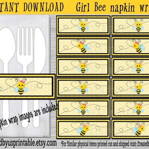 INSTANT DOWNLOAD Girl bee Napkin wraps Birthday Decoration Baby shower napkin bands Bumblebee Paper napkin ring holders Digital Download Diy