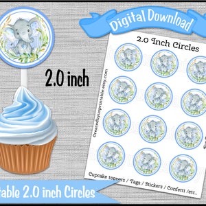 Baby Elephant cupcake toppers Boy elephant birthday party 2.0 inch circle picks Elephant baby shower Digital printable INSTANT DOWNLOAD