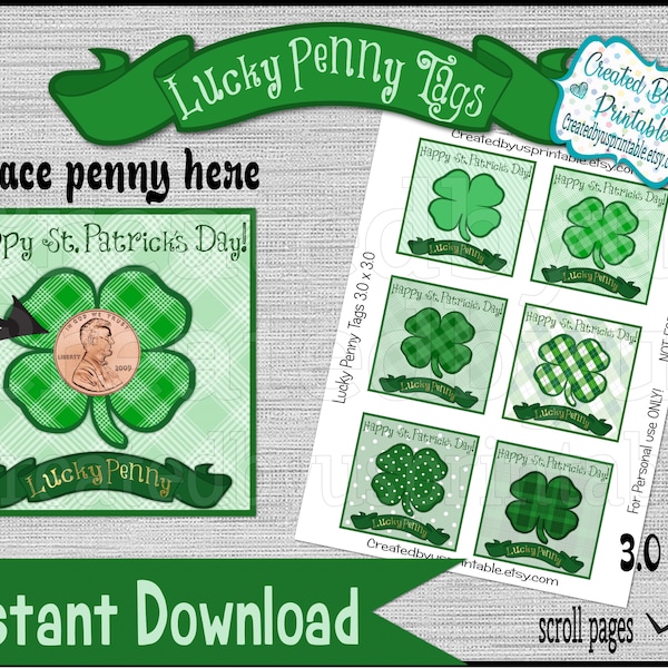 St patricks lucky penny tags St. Patrick's Day Good Luck tags St Patricks favors Lucky Penny Gift tags Printable Digital Instant Download