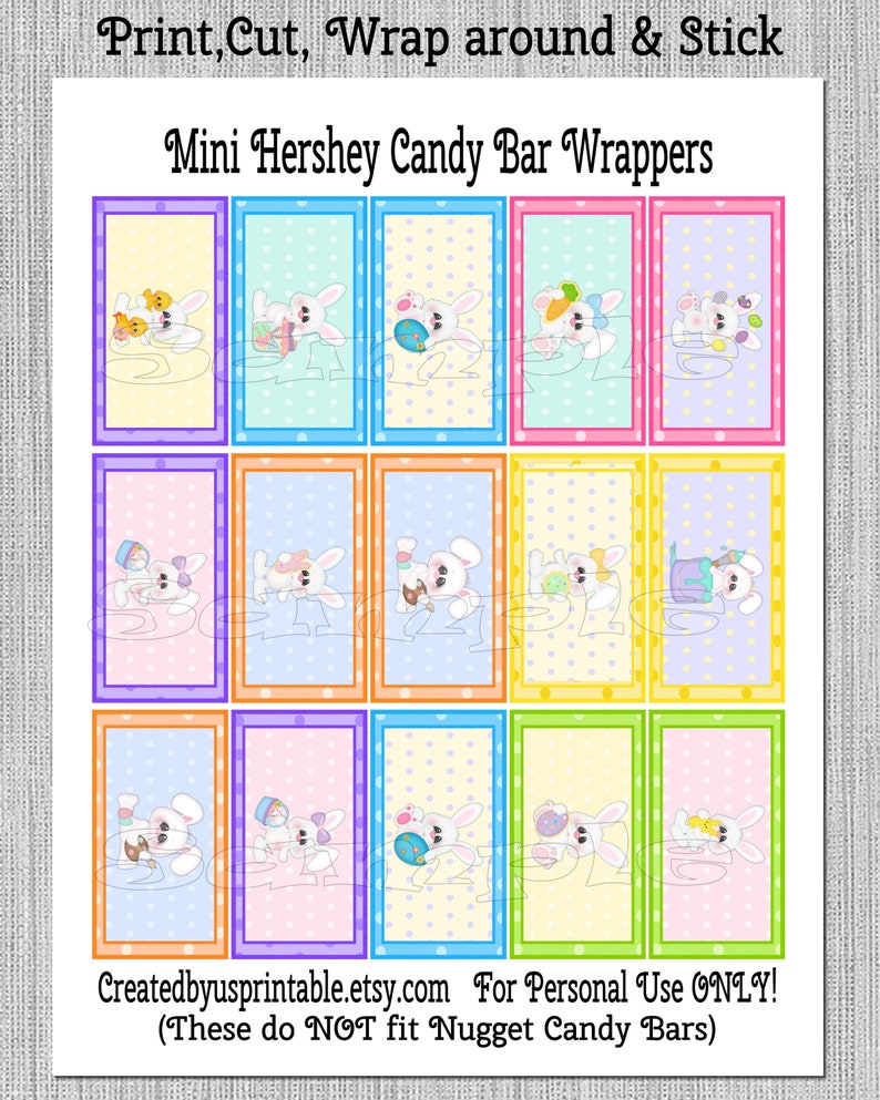 Pode incluir: Embrulhos de barra de chocolate imprim&iacute;veis com um design de coelho, cores pastel e bolinhas. Os embrulhos s&atilde;o projetados para se ajustar &agrave;s mini barras de chocolate Hershey. O texto "Print, Cut, Wrap around & Stick" e "Mini Hershey Candy Bar Wrappers" est&aacute; inclu&iacute;do na imagem. O texto "Createdbyusprintable.etsy.com For Personal Use ONLY! (These do NOT fit Nugget Candy Bars)" tamb&eacute;m est&aacute; inclu&iacute;do na imagem.