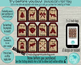 May include: A collection of printable gift tags with a rustic lumberjack theme. Each tag features a red and black buffalo plaid border and a wooden background. The tags include illustrations of a pine tree, deer, axes, fox, bear, and more. The tags are 2 x 3 inches.