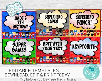 Superhero Party Signs: Editable Birthday Decorations (Instant Download)