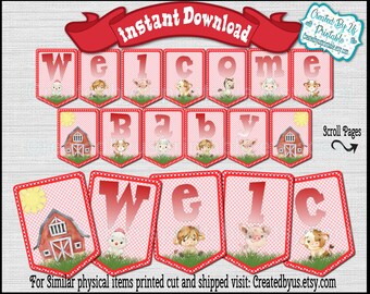 Banner de bienvenida al bebé de granja roja Banner de baby shower de animales de granja de género neutro Descarga digital de granja DESCARGA INMEDIATA Diy