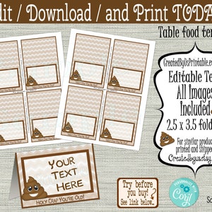 INSTANT DOWNLOAD Poop food tent cards EDITABLE Holy Crap You're Old place card birthday Food Labels Over the Hill Digital Download Diy Corjl