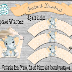 INSTANT DOWNLOAD Baby girl elephant cupcake wrapper baby shower decoration Orange Girl baby elephant cupcake wrap Printable Digital Download