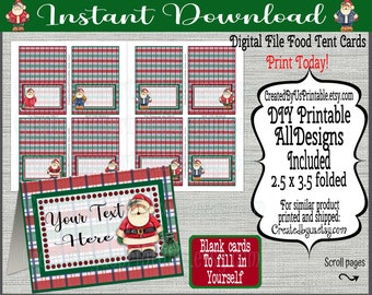 May include: Digital file of Christmas-themed food tent cards. The cards feature a red and green plaid pattern, Santa Claus illustrations, and space for text. The image includes the text "Instant Download" and "Print Today!"