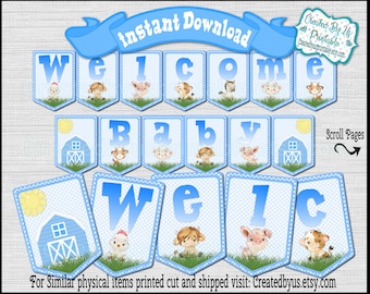 DESCARGA INSTANTÁNEA Blue farm Welcome Baby banner Boy Farm Animals Baby Shower Banner Blue barn Shower Banner Barnyard Digital Download Diy