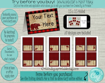May include: A digital download featuring printable table tent cards with a red and black buffalo plaid design. The cards have a rustic theme with bear, moose, and other outdoor-themed graphics. The text "Your Text Here" is displayed on the main card.