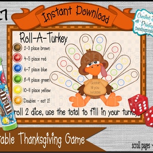 Roll A Turkey dice game Family Thanksgiving game Children&#39;s Table game Kid&#39;s Thanksgiving candy game preschool party game Digital Download