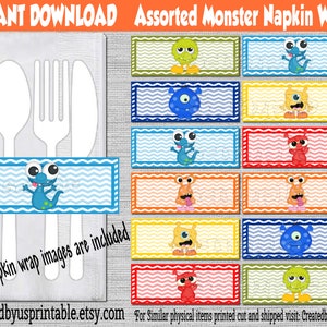INSTANT DOWNLOAD Monster Napkin wraps Birthday Decorations Baby shower napkin band Lil Monster Paper napkin ring holder Digital Download Diy