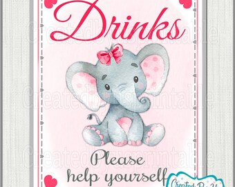 Baby Shower Drinks sign Pink Elephant Baby Girl shower Drinks sign Pink elephant Drinks sign little peanut table sign PRINTABLE sign BGPBE1