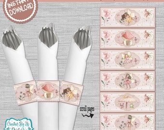Envoltorios de servilletas de hadas Decoraciones de cumpleaños Bandas de servilletas de baby shower Soportes de anillos de servilletas de papel Floral Fairy Princess Digital DESCARGA INSTANTÁNEA