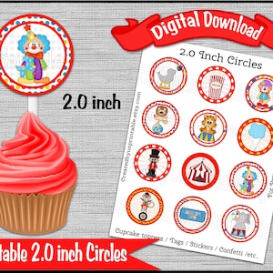 Circus cupcake toppers Circus Baby shower Carnival birthday Party 2.0 inch cupcake picks party topper Digital Diy printable INSTANT DOWNLOAD