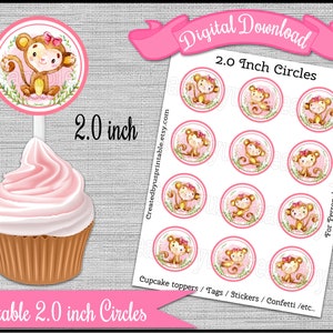 Akvarell apa muffinsdekorationer Flicka födelsedagsfest Zoo 2,0 tums cirkelplockar Flicka apa babyshower Digital utskrivbar DIREKT NEDLADDNING