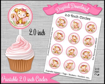 Watercolor Monkey cupcake toppers Girl birthday party Zoo 2.0 inch circle picks Girl monkey baby shower Digital printable INSTANT DOWNLOAD