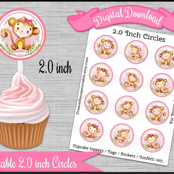 Watercolor Monkey cupcake toppers Girl birthday party Zoo 2.0 inch circle picks Girl monkey baby shower Digital printable INSTANT DOWNLOAD