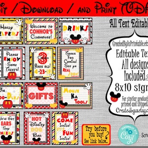 INSTANT DOWNLOAD Mickey Signs  EDITABLE Mouse Signs Mickey birthday Mickey 8x10 Sign Package  Mickey decorations Digital Download Diy Corjl