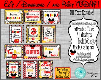 INSTANT DOWNLOAD Mickey Signs  EDITABLE Mouse Signs Mickey birthday Mickey 8x10 Sign Package  Mickey decorations Digital Download Diy Corjl