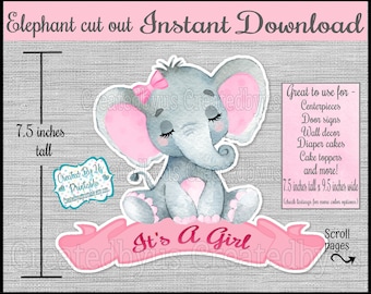 Baby Girl elephant centerpiece Baby Elephant cake topper It's a girl  Elephant Baby shower door sign  Digital Diy printable INSTANT DOWNLOAD