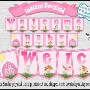 INSTANT DOWNLOAD Pink farm Welcome Baby banner Girl Farm Animals Baby Shower Banner Pink barn Shower Banner Barnyard Digital Download Diy