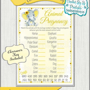 Elephant baby shower game Printable Animal pregnancy game Animal gestation game Yellow sunflower sleeping Elephant baby girl shower Digital