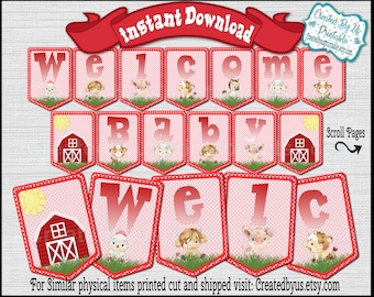 INSTANT DOWNLOAD Red farm Welcome Baby banner Gender Neutral Farm Animals Baby Shower Banner Farmyard Shower Barnyard Digital Download Diy