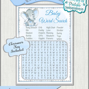 Juego de baby shower de elefantes Niño elefante Búsqueda de palabras Tarjetas de juego Ideas de fiesta de ducha de bebé elefante Elefante Juego imprimible Descarga digital