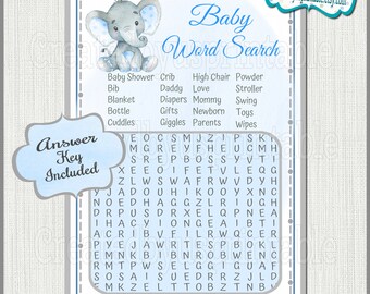 Elephant baby shower game Boy elephant Word search Game cards Elephant baby boy shower party ideas Elephant Printable game Digital Download