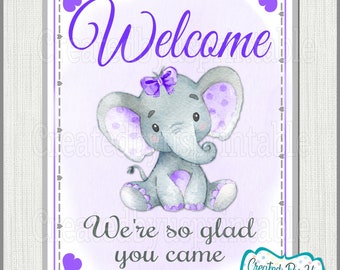Baby Shower Welcome sign Purple elephant Baby Girl shower welcome sign Purple elephant welcome sign little peanut sign PRINTABLE sign BGPBE2