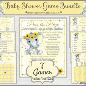 May include: A printable baby shower game bundle featuring seven different games with a yellow and gray color scheme and a cute cartoon elephant with sunflowers. The games include "What's in Your Purse?", "The Price is Right", "Baby Shower Bingo", "Pass the Prize", "Animal Pregnancy", "Baby Word Scramble", and "Baby Word Search".