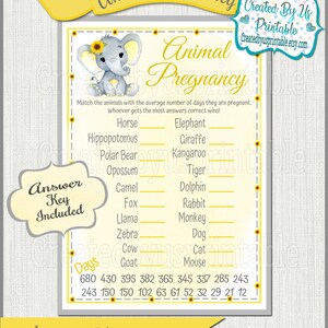 Elephant baby shower game Animal pregnancy game Animal gestation game Printable game Yellow sunflower Elephant baby girl shower Digital DIY