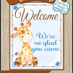 Baby Shower Welcome sign Blue giraffe Baby Girl shower welcome sign Blue Giraffe welcome sign Jungle Safari PRINTABLE sign Digital BBBG1
