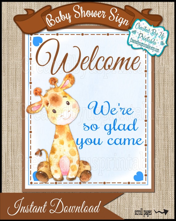 Baby Shower Welcome Sign Blue Giraffe Baby Girl Shower Welcome
