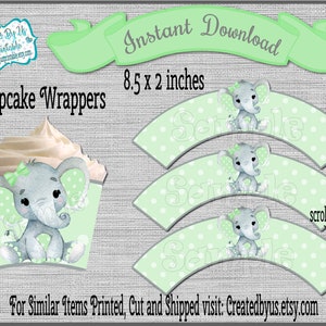INSTANT DOWNLOAD Baby girl elephant cupcake wrappers baby shower decoration Green Girl baby elephant cupcake wrap Printable Digital Download