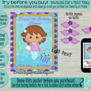 EDITABLE Pin the Tail on the Mermaid game INSTANT DOWNLOAD Mermaid birthday party Under the Sea game idea Pool party digital Diy 16x20 Corjl