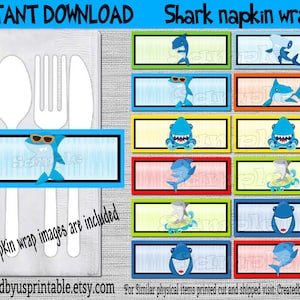 INSTANT DOWNLOAD Shark Napkin wrappers Birthday Decorations Baby shower napkin bands Shark Paper napkin ring holders Digital Download Diy