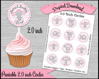 Girl baby elephant Cupcake Toppers / tags Baby girl shower Party 2.0 inch circles cupcake picks Digital Diy printable INSTANT DOWNLOAD