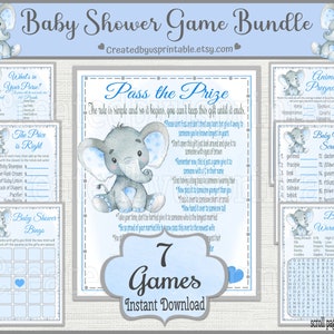 Elefantbabyshower-spel Utskrivbart spelpaket Elefantshower-spelpaket Blå elefantpojke Babyshower-spel Digitalt gör-det-själv