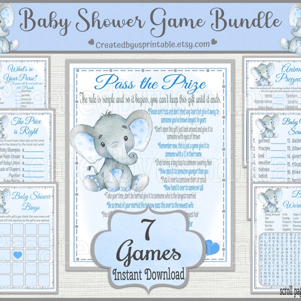 Elephant Baby Shower Juegos Paquete de paquete de juego imprimible Baby Elephant shower Juegos bundle Blue Elephant Boy Baby Shower Juegos Digital DIY