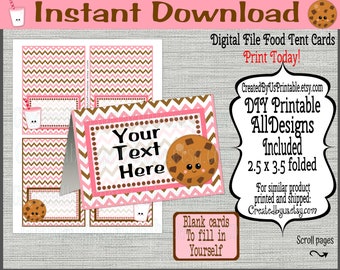 May include: Digital file of printable food tent cards with a pink, brown, and white chevron design. The cards feature a cookie graphic and the text "Your Text Here." The design includes the text "Instant Download" and "Print Today!"