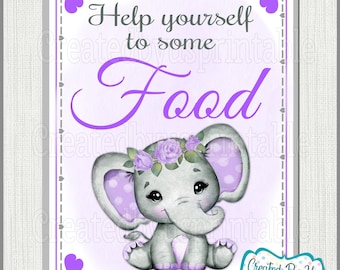Baby Shower Food sign Purple Floral Elephant Baby Girl shower Food sign Purple elephant Food Bar sign little peanut PRINTABLE sign BGFPE3