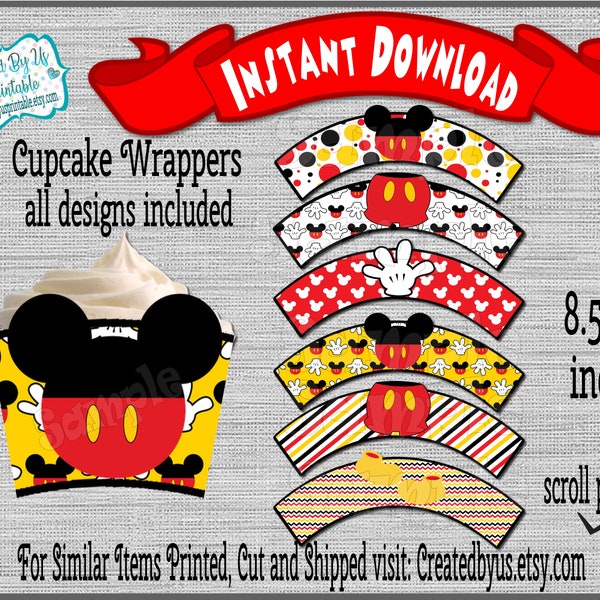 INSTANT DOWNLOAD Mickey Mouse cupcake wrappers Birthday party decorations Mickey Baby shower Printable cupcake wrap Digital Download Diy